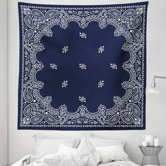 Paisley Tapestry, Pattern with Middle Eastern Influences Image, Fabric Wall Hanging Decor for Bedroom Living Room Dorm, 5 Sizes, Dark Blue White, by Ambesonne