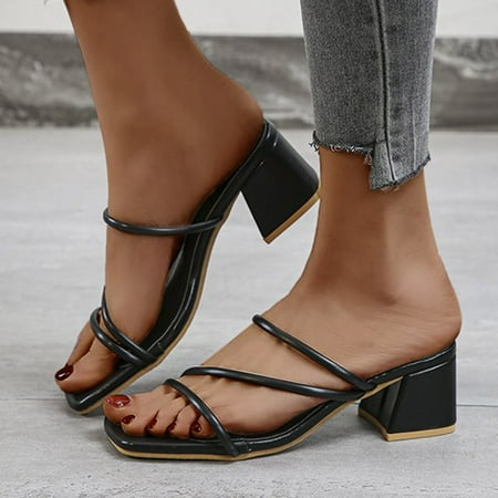 

〖Yilirongyumm〗 Black 42 Sandals Women Sandals Fashion Casual Knob High Slip-On Heels Womens Breathable Shoes Toe Women s Sandals