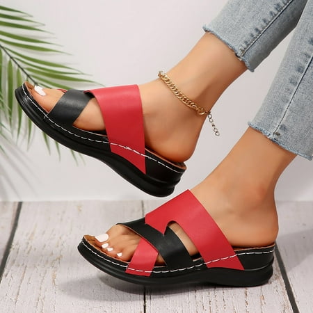 

WZJuhiie Women s Casual Slope Heel Thick Bottom Colorblocking Big Size Slippers Sandals