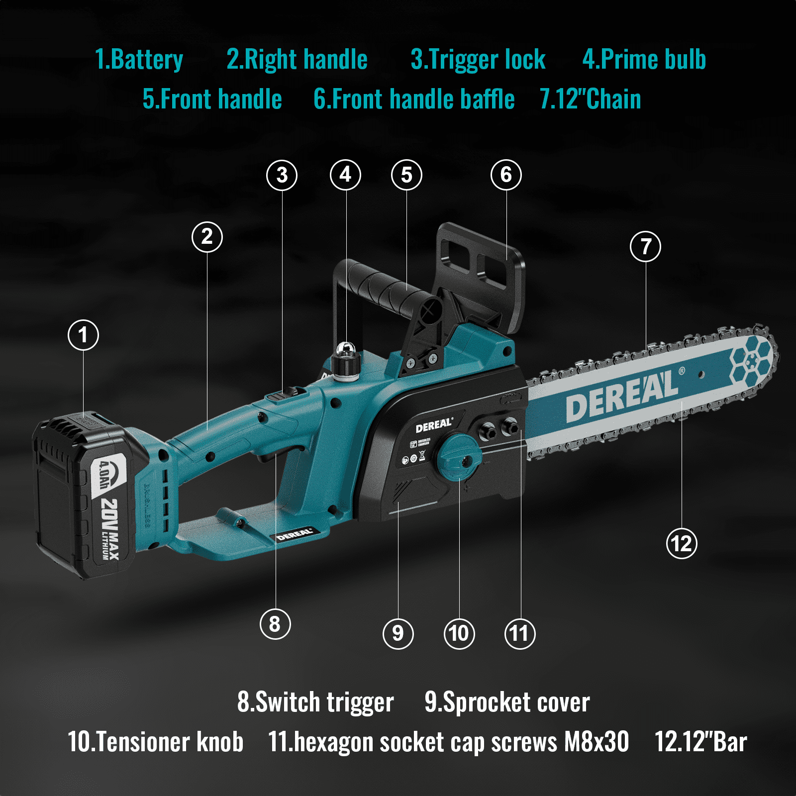 12-Inch Cordless Chainsaw | Electric Brushless Handheld 20V Battery Powered for Wood & Tree Trimming