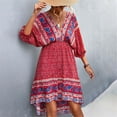 thumbnail image 6 of USSUMA Dresses For Women Party Casual,Women Bohemian Summer Dresses V Neck 3/4 Long Sleeve Ruffle Floral Flowy Boho Babydoll Mini Short Beach Dress, 6 of 7
