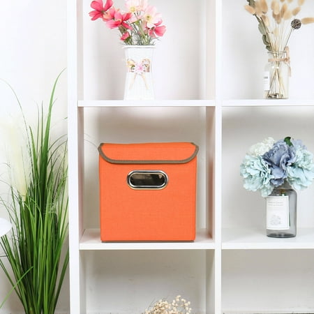 Storage Bin Linen Fabric Cube Organizer Box With Lid And Metal