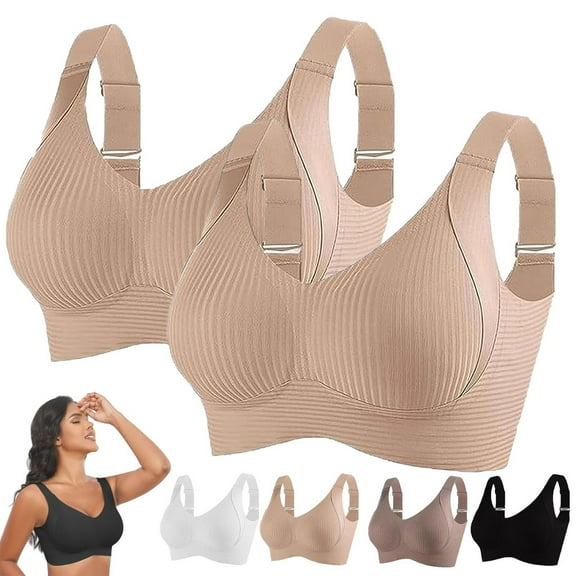 WNEGSTG Beige Bralettes for Women, Sports Bras for Women Comfortable Ribbed Wireless Bralettes Adjustable Padded Everyday Bra 2Pc, L