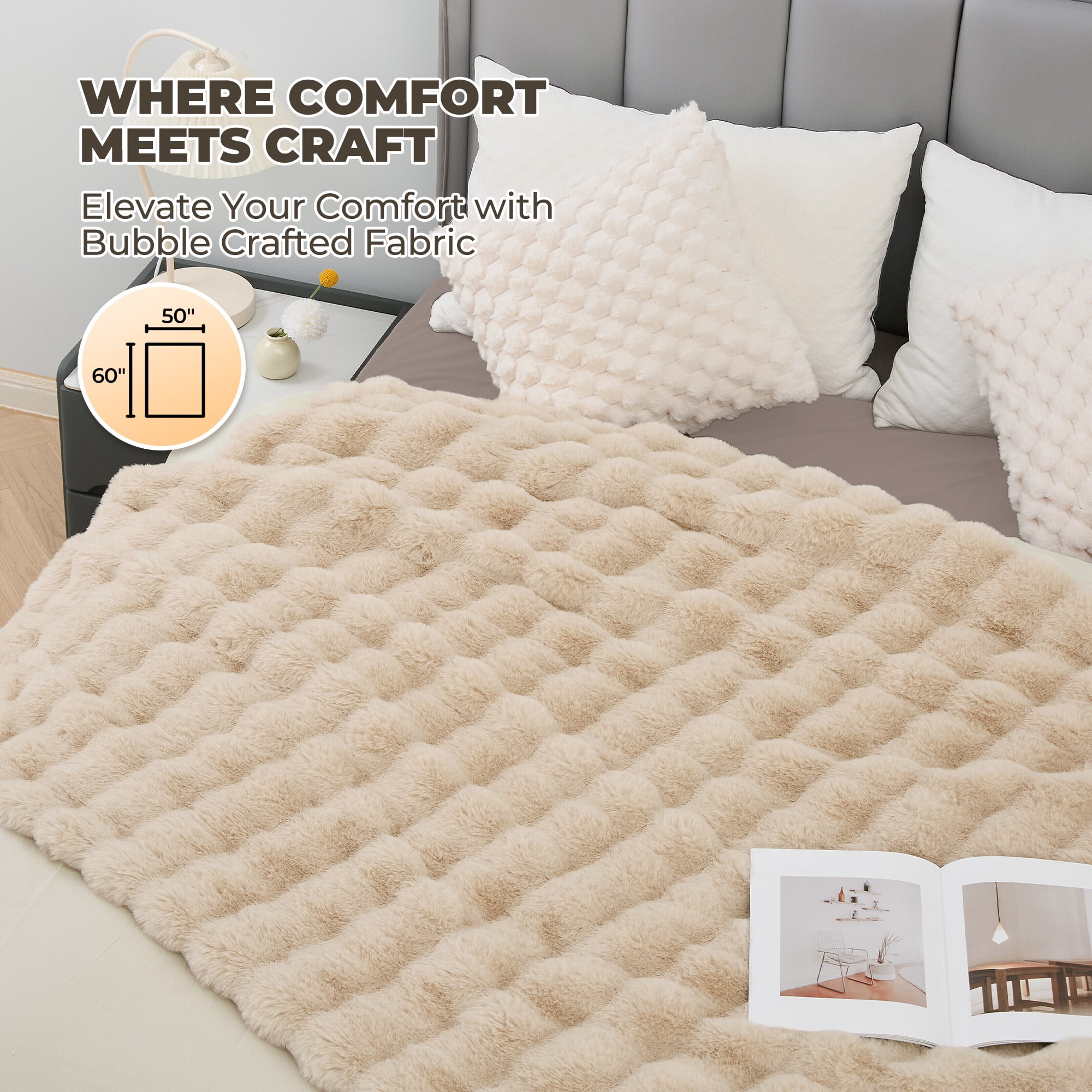 MARNUR Electric Throw Blanket 50"x60", Faux Fur Heated Throw, 6 Heating Levels, 4 Hours Timer, Khaki