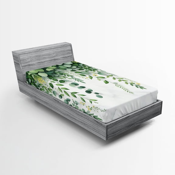 Ambesonne Eucalyptus Leaves Fitted Sheet, Leafy Branches, TwinXL Size, Fern Green Pastel Yellow