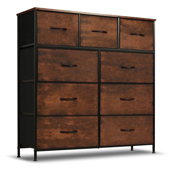 Nextay 9 Drawer Dresser, Wide Chest Of Drawers Nightstand Storage Tower Storage Dresser Fabric Dresser With Wood Top for Living Room, Bedroom, Hallway, Rust