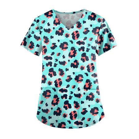 

Yubatuo Independence Day Women Plus Size Scrubs Top with Pockets V-Neck Short Sleeve Printed Work Blouse for Women Blue XL