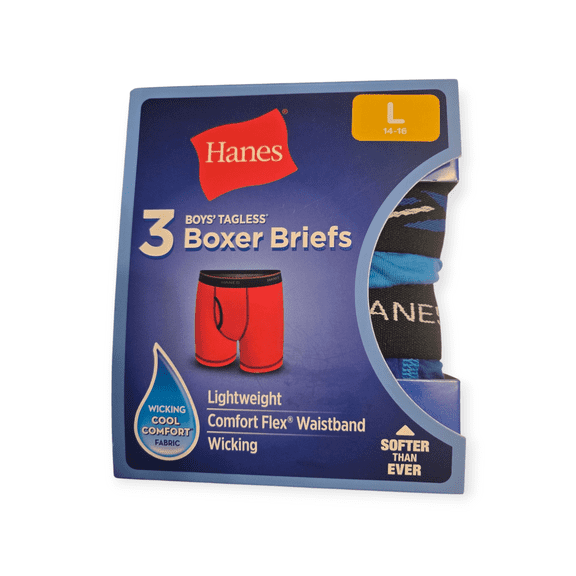 Hanes Boys’ Tagless Boxer Briefs, Size Large (14-16), 3-Pack