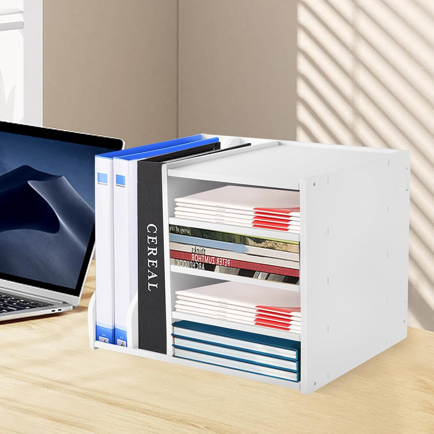 4-Tier File Organizer for Desk - Desktop Paper Storage Letter Tray with 2 Upright Sections, Home Office School File Sorter, 15.35 x 12.16 x 11.81in