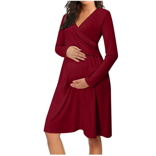 WUANDIXFA Robe de Maternité Automne Robe de Maternité Décontractée à Manches Longues de Couleur Unie pour l'Allaitement avec Poche Bourgogne,P