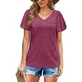 thumbnail image 1 of Tops con cuello en V Color puro Suave para la piel Tops con mangas abullonadas Camisetas de manga corta para ir de compras a diario, 1 of 6