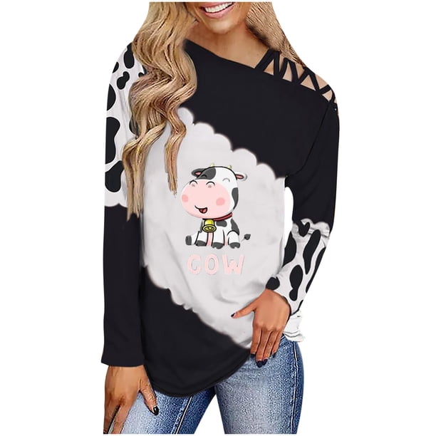 Mujeres manga larga fuera del hombro correa cruzada Tops vacas impresas blusa túnica Tops Fridja hkj5403