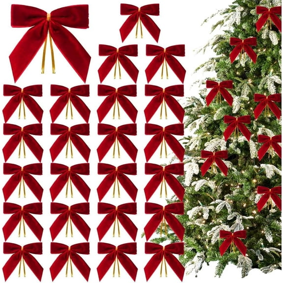 Christmas Tree Bows, 24 Pack Velvet Bows For Christmas Tree, Christmas Bows Decorations, Vintage Velvet Ribbon Christmas Ornaments, Red Bows Velvet Ornaments For Christmas Decorations