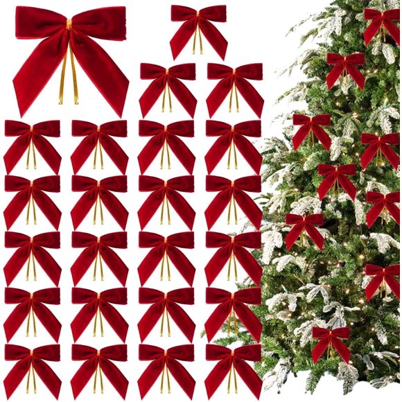 Christmas Tree Bows, 24 Pack Velvet Bows For Christmas Tree, Christmas Bows Decorations, Vintage Velvet Ribbon Christmas Ornaments, Red Bows Velvet Ornaments For Christmas Decorations
