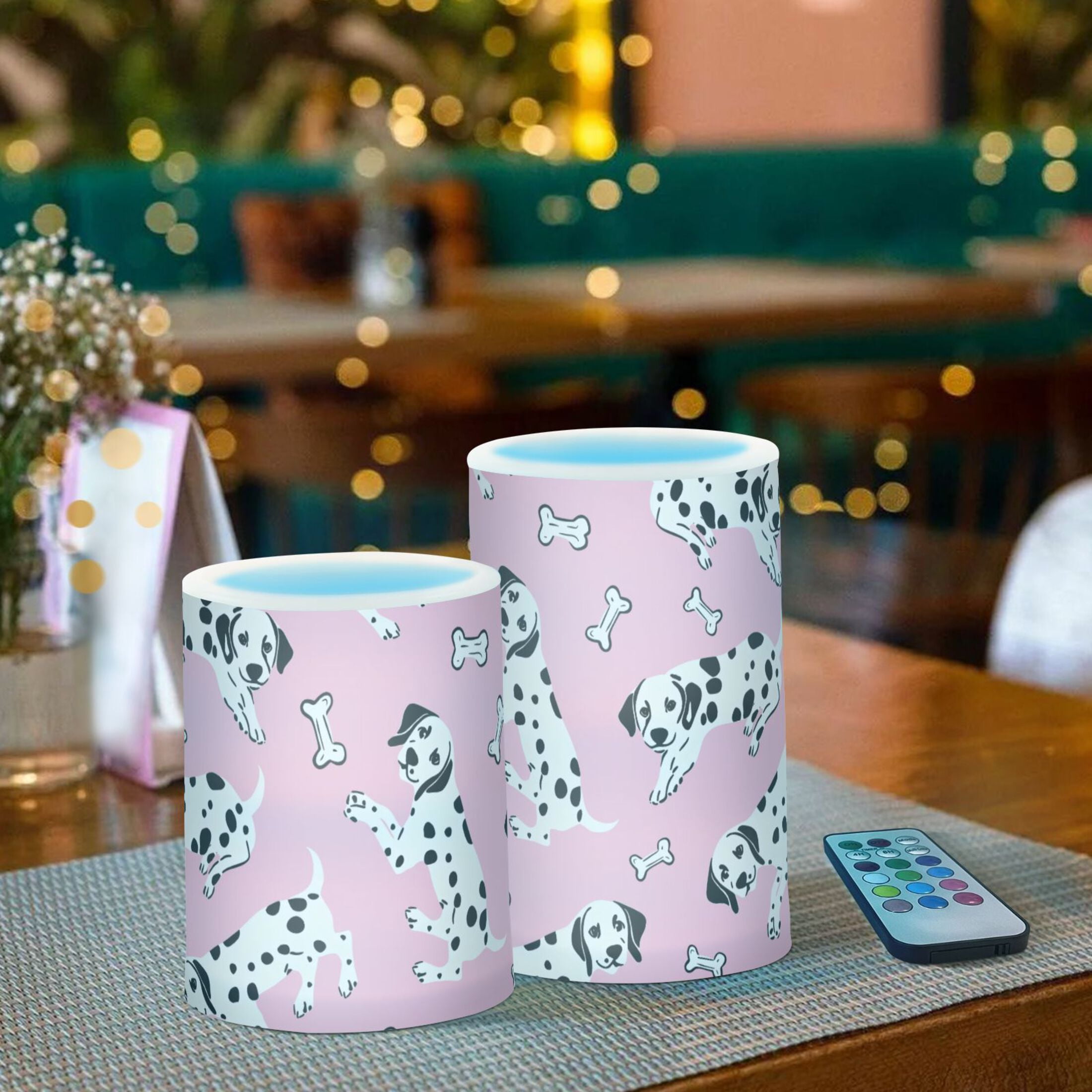 Dalmatian Dog Bone Pattern Flameless LED Candle Set with Remote, Battery Operated Color Changing Pillar Candles, Set of 2