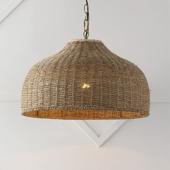 JONATHAN Y Eliza 20" 1-Light Coastal Bohemian Rattan/Iron Dome LED Pendant, Brown/Brass Gold