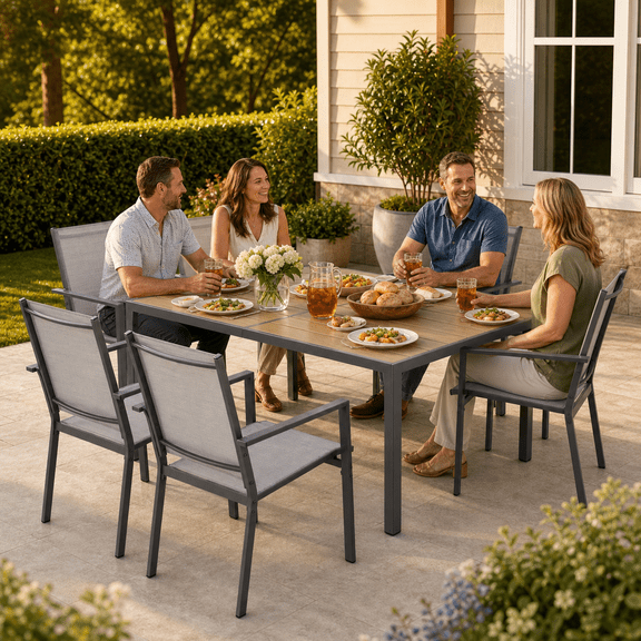 Aiho 7-Piece Patio Dining Set with Stackable Chairs - 6 Textilene Chairs & Steel Table, Light Gray