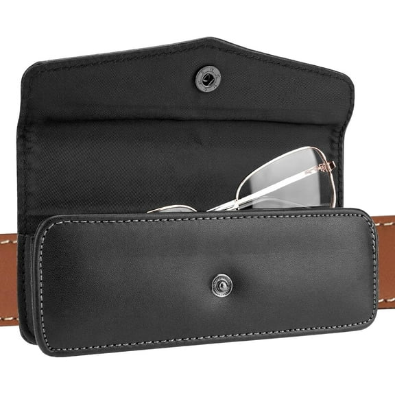 Hard Shell Eyeglasses Case, Black Vegan Leather Portable Eyewear Storage Bag Compatible with Reading Nearsighted Glasses, Can Wear a Belt
