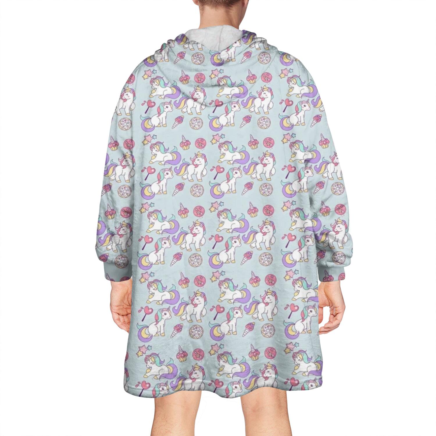 Wearable Oversized Blanket,Blue Cartoon Unicorn Lollipop Pattern Wearable Blanket Hoodie for Adults,Cozy Hooded Blankets with Super Pockets,Super Warm Fuzzy Pullover for Women & Men