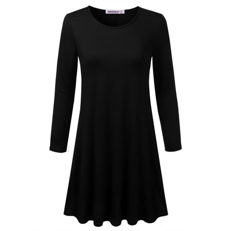 Doublju Women's Long Sleeve Pleated Loose Swing Casual Dress with Pockets Knee Length BLACK