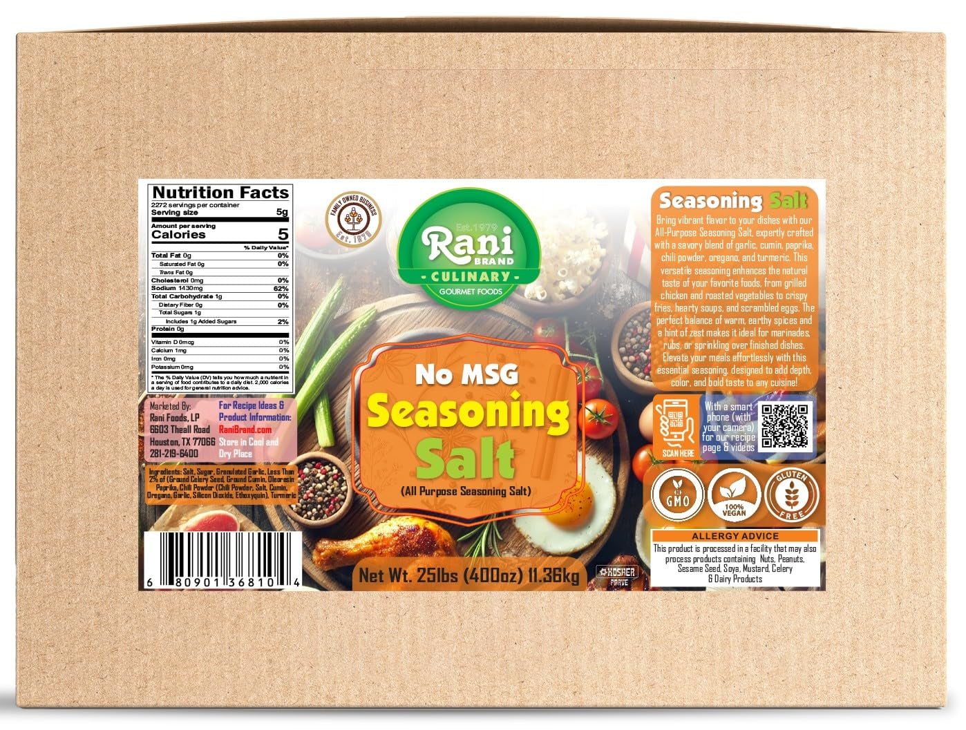 Rani No MSG Seasoning Salt (All Purpose Seasonign Salt) 400oz (25lbs) 11.36kg Bulk Box ~ All Natural | Gluten Friendly | NON-GMO | Kosher | Vegan