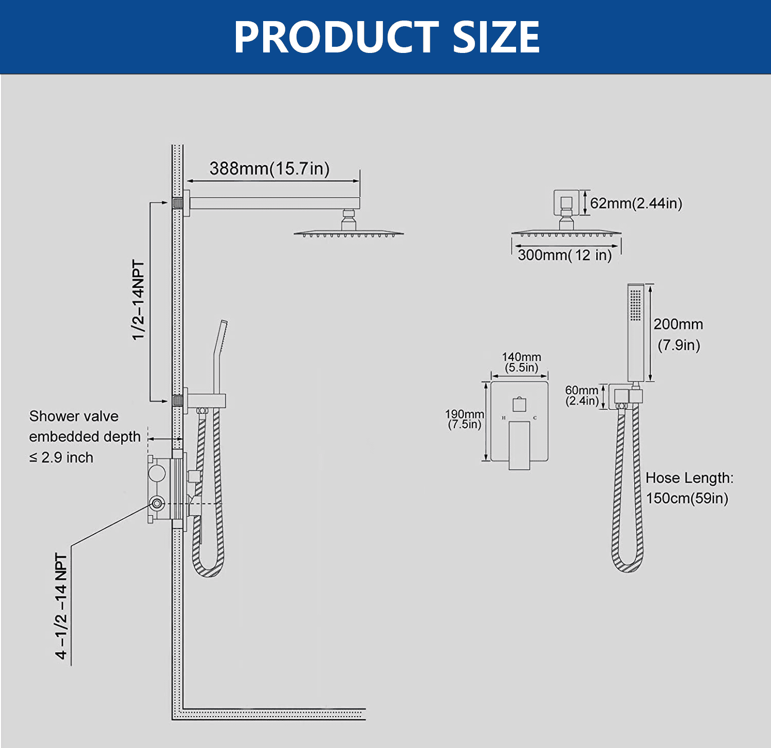 Fatspas Shower System, 12 inch Wall Mounted Brushed Gold Shower Faucet Set for Bathroom with High Pressure Rain Shower Head and Handheld Shower Head Set, Shower Combo Set with Valve Body
