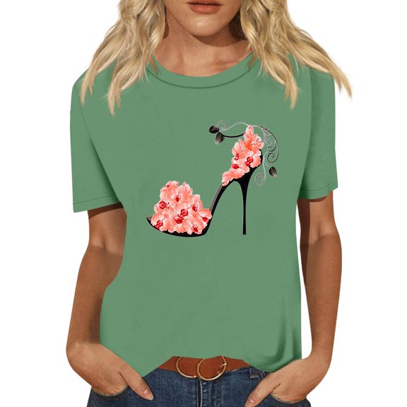Cotton Womens Tops Fashion, Breathable Short Sleeve Crew Neck Top Fourth Of July Outfits Women 2025 Back To School Fashion Trendy Floral Blouse Plus Size Summer T-Shirt Print Green L