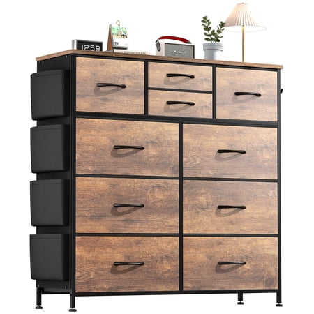 Aowos 10 Drawers Dressers Fabric Dressers for Bedroom Chest of Drawers with Wood Top with 2 Hook 4 Side Pockets Rustic Brown