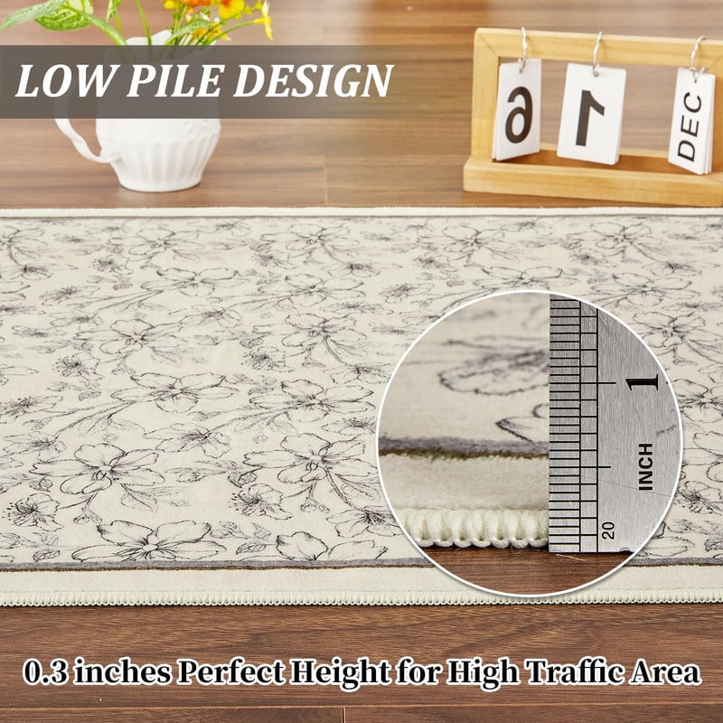 9'x12' Area Rugs Boho Floral Bedroom Washable Low Pile Non Slip Indoor Carpet for Nursery Playroom Living Room Beige