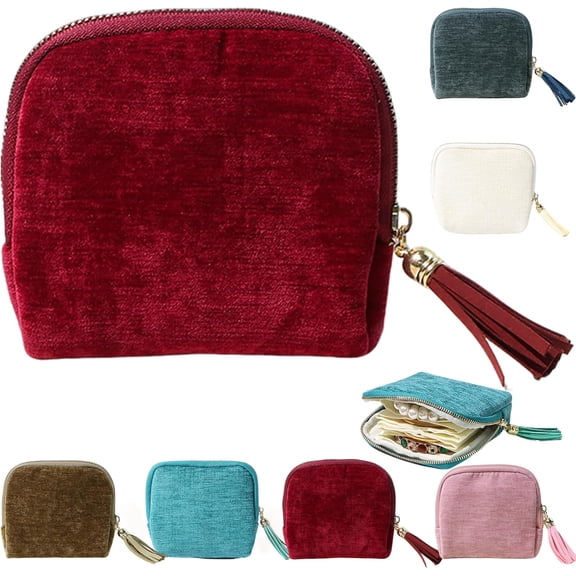 Jewelry Zippered Pocket Case Travel Jewelry Bag Portable Organizer, Travel Jewelry Pouch with Zipper & Tassel, Mini Foldable for Necklaces Rings Bracelets, Travel Gifts for Women (Red)