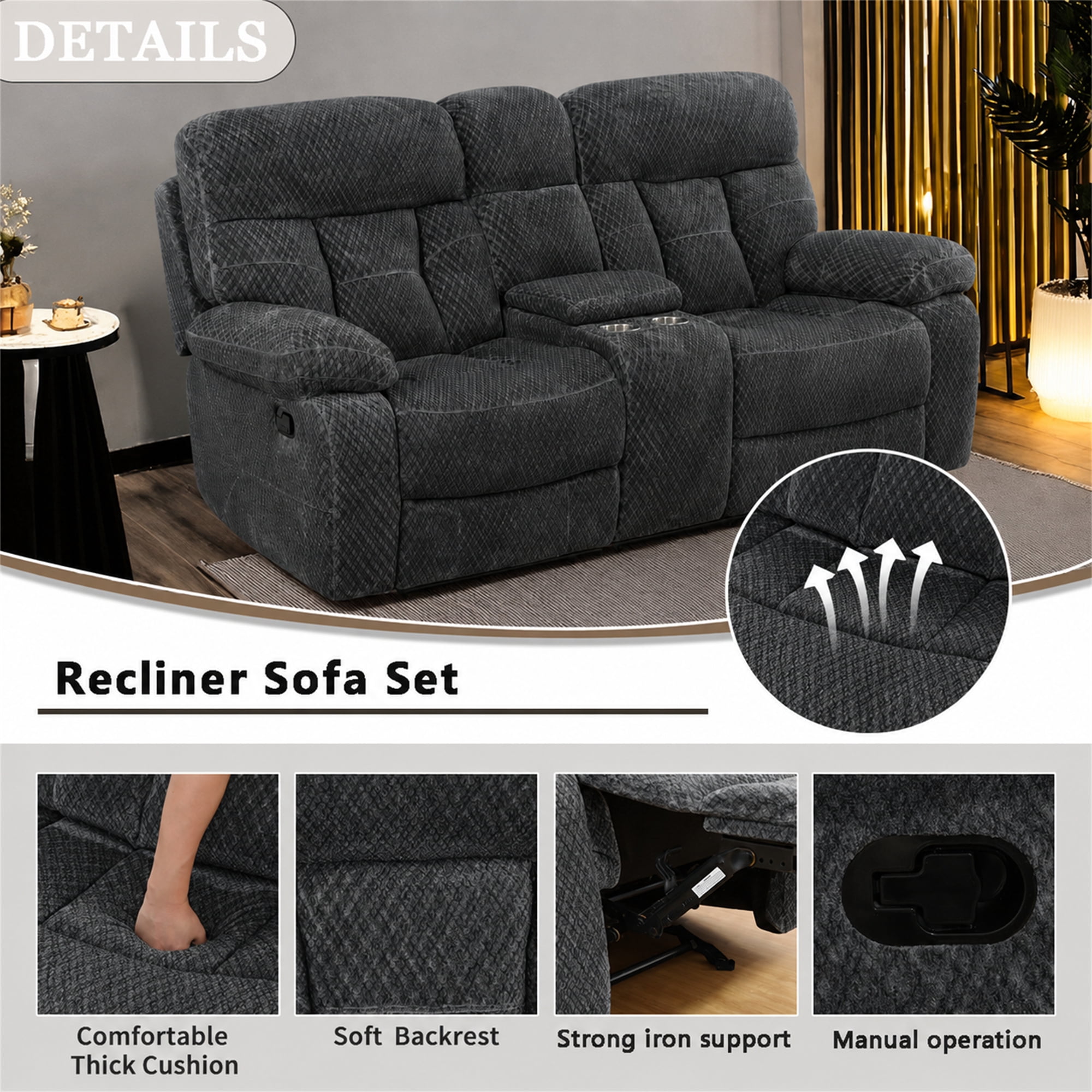 Aukfa 3-Piece Recliner Sofa Set - 77" Loveseat Recliner w/ Cupholder Console for Living Room, Microfiber, Gray