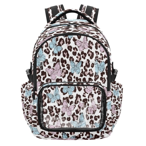 Qxltty Leopard Butterfly Backpack School Bookbag with Clear PVC Front Pocket, Laptop Compartment, Water Resistant Travel Daypack for Students