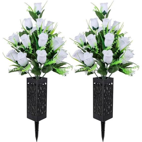 Sets Artificial Cemetery Flowers, Grave Decoration for Headstones Lasting and Non-Bleed Colors，Accompanied by Long Nail Vases (8 Head Flowers,White)
