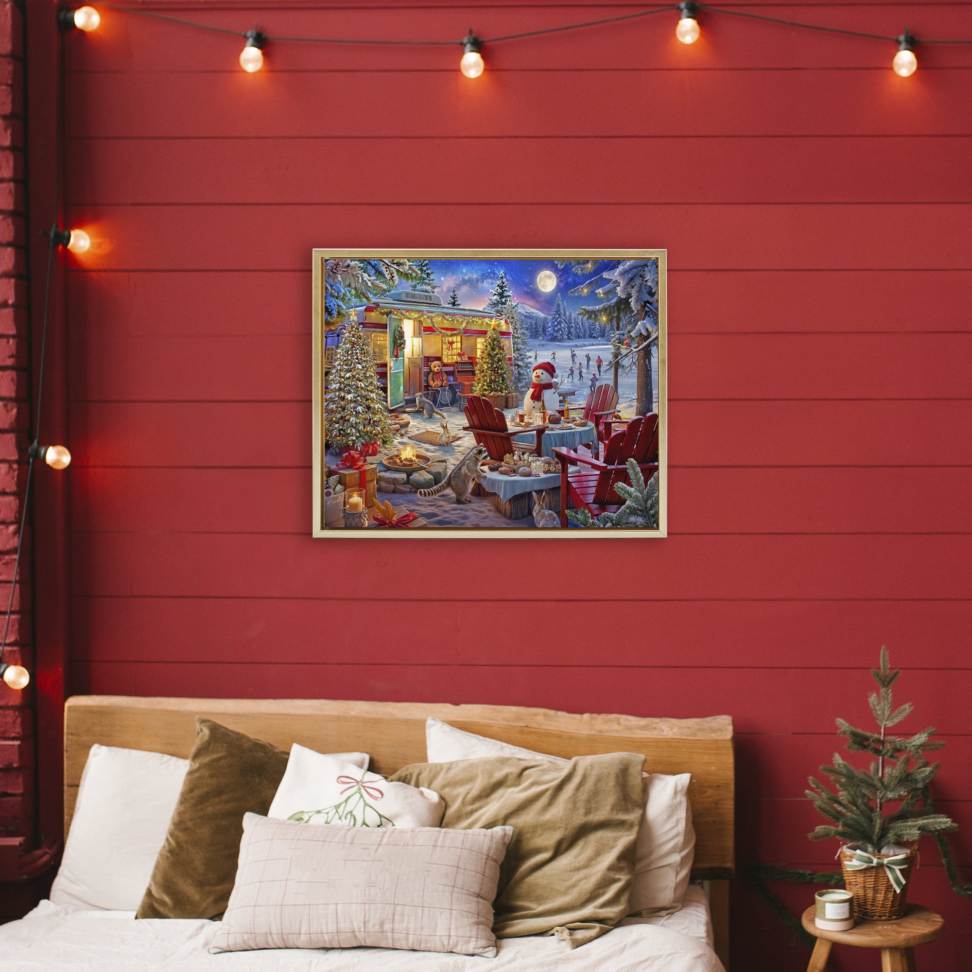 Winter Holiday Camper Party Gold Framed Floater Canvas Wall Art, design by Henriette Chinaglia