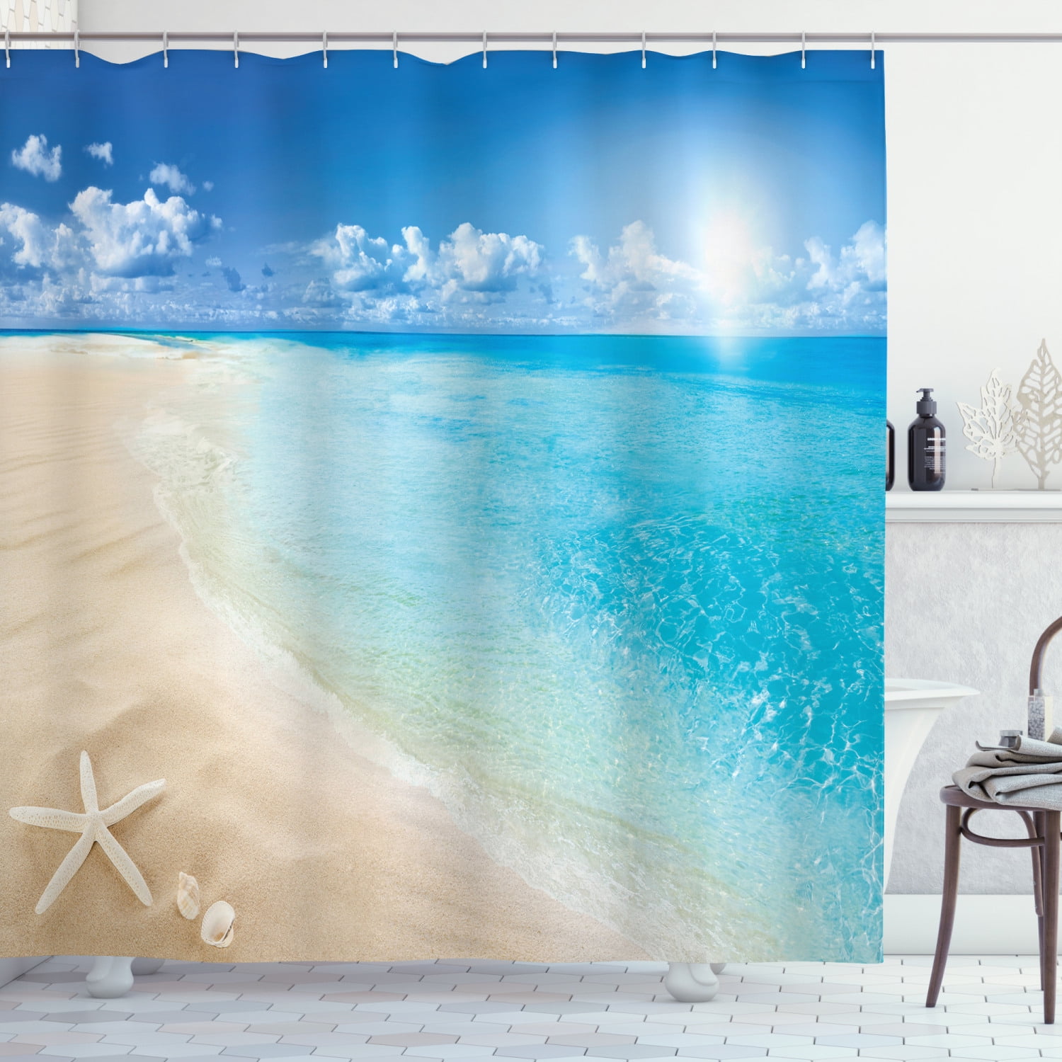 Beach Shower Curtain, Sunny Summer Seashore with Clear Sky Seashells