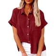 thumbnail image 2 of JUNWELL Chemise Simple et Mode pour Femmes Chemises Classiques Décontractées Coton Lin Manches Courtes Col à Revers Chemise Boutonnée Hauts Tempérament, 2 of 7