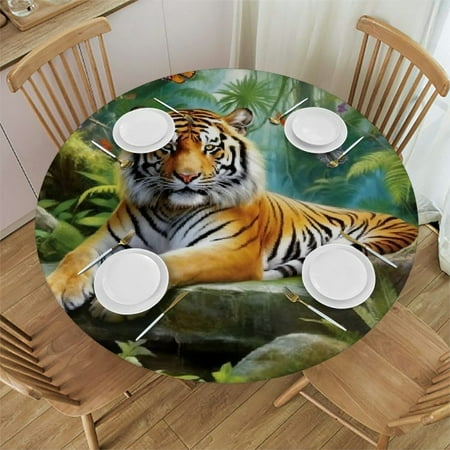 

Patifu Tiger Rock Jungle Round Table Cover Stain Resistant Washable Indoor Outdoor Tablecloth Kitchen Dining Wedding Parties Waterproof Fabric 100% Polyester 42-46