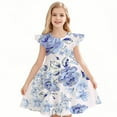 thumbnail image 2 of Girls Dress Round Neck Plain Patterned Full Print Flowing Sleeve Long Dress With Flowing Hem Toddlers Birthday Party Wedding Dresses,Size 7-8 Years, 2 of 3