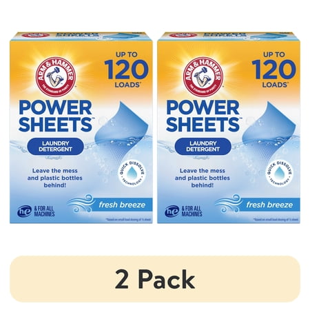 (2 pack) ARM & HAMMER Power Sheets Laundry Detergent, Fresh Breeze, 60 Count, Up to 120 Small Loads