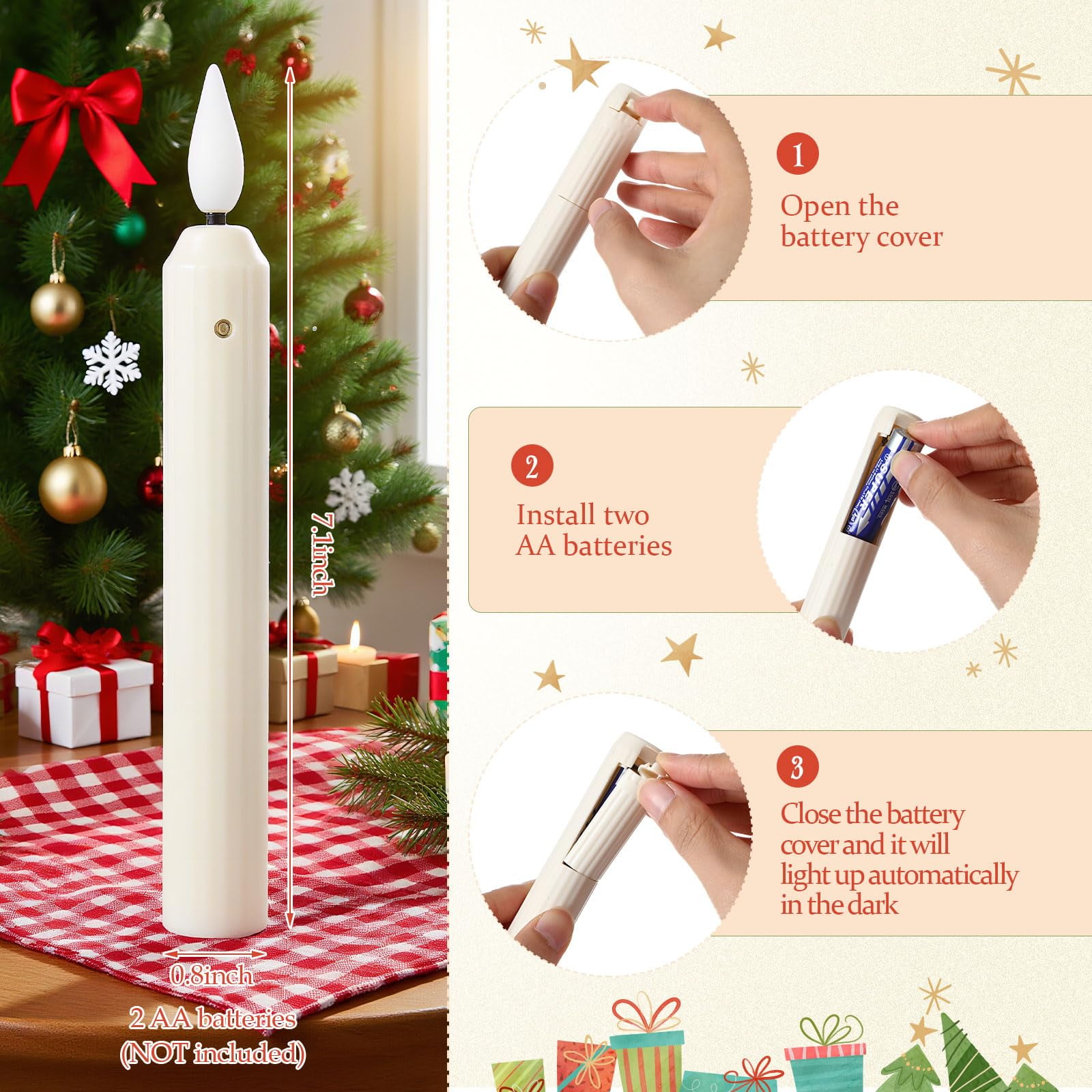 Classic Style Christmas Window Decorations - 12 Sets Battery Operated Window Candles with Dusk to Dawn Sensor, Flameless LED Candlesticks Bulk for Xmas Decor