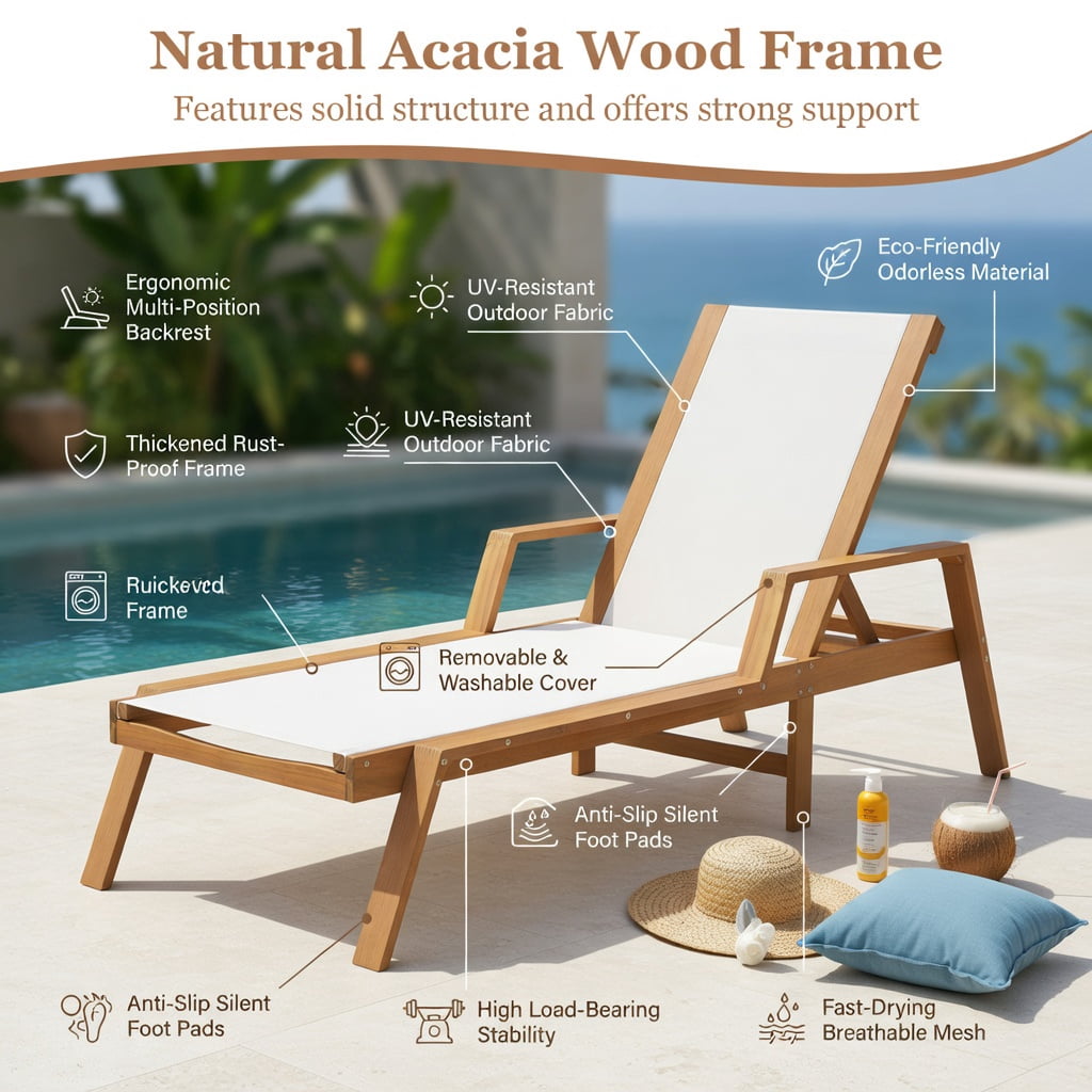 Hommoo Acacia Wood Patio Chaise Lounge Chair with Adjustable Backrest, Breathable Fabric Seat & Armrests, for Backyard, Poolside & Garden, White