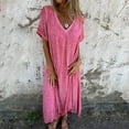 thumbnail image 4 of Ogiraw Summer Dresses for Women 2024 Sundresses for Women 2024 Casual Dresses for Women V Neck Dresses Short Sleeved V Neck Solid Color Cotton and Linen Dress Pink, 4 of 5