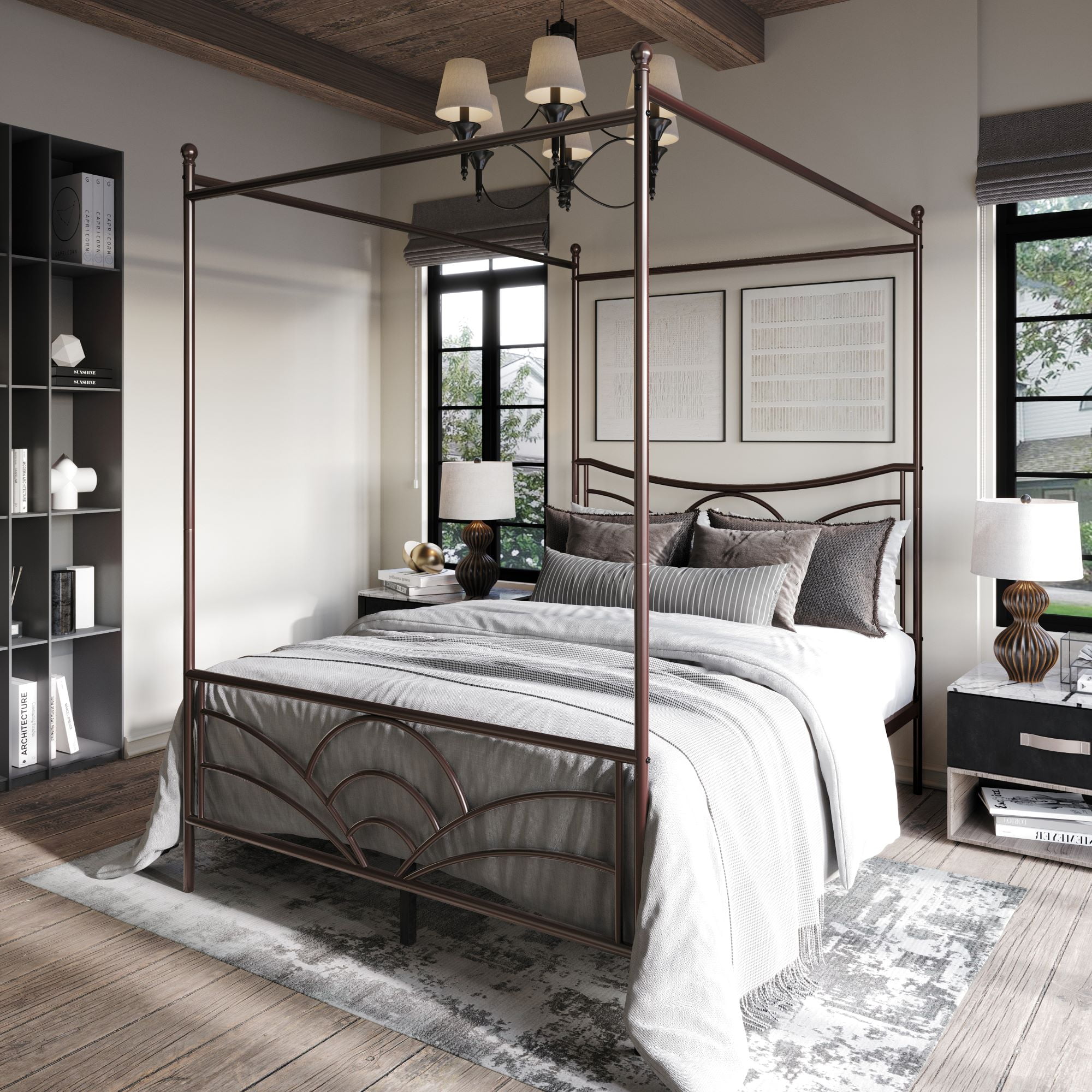 Home Design Denver Full Metal Canopy Bed Frame with Arched Headboard, Center Support Leg, Brown, Easy Assembly