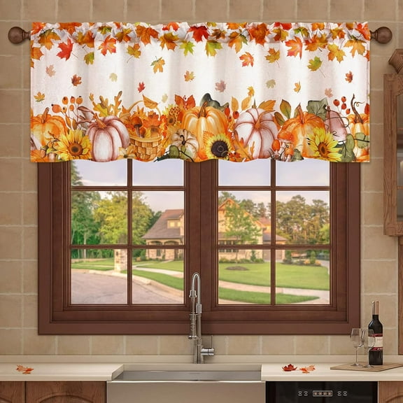 Fall Kitchen Valance Curtains, Thanksgiving Valances for Windows Pumpkins Tab Top Short Curtains Window Treatment, Maple Leaves Window Valances Rod Pocket Panels for RV Bedroom Room Cafe 52"x18"