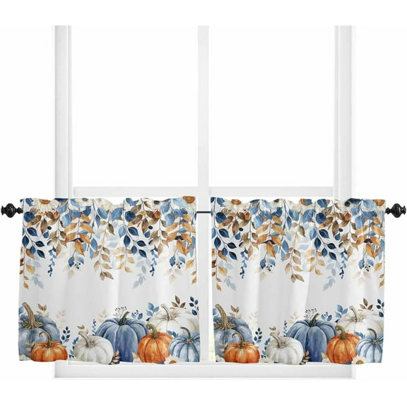 Fall Blue Pumpkins Tier Curtains 36 Inch Length - 2 Panels, Rod Pocket Curtain Panels, Thanksgiving Orange Gray Botanical Window Treatment for Bedroom/Kitchen Small Windows, 55W x 36L Inch