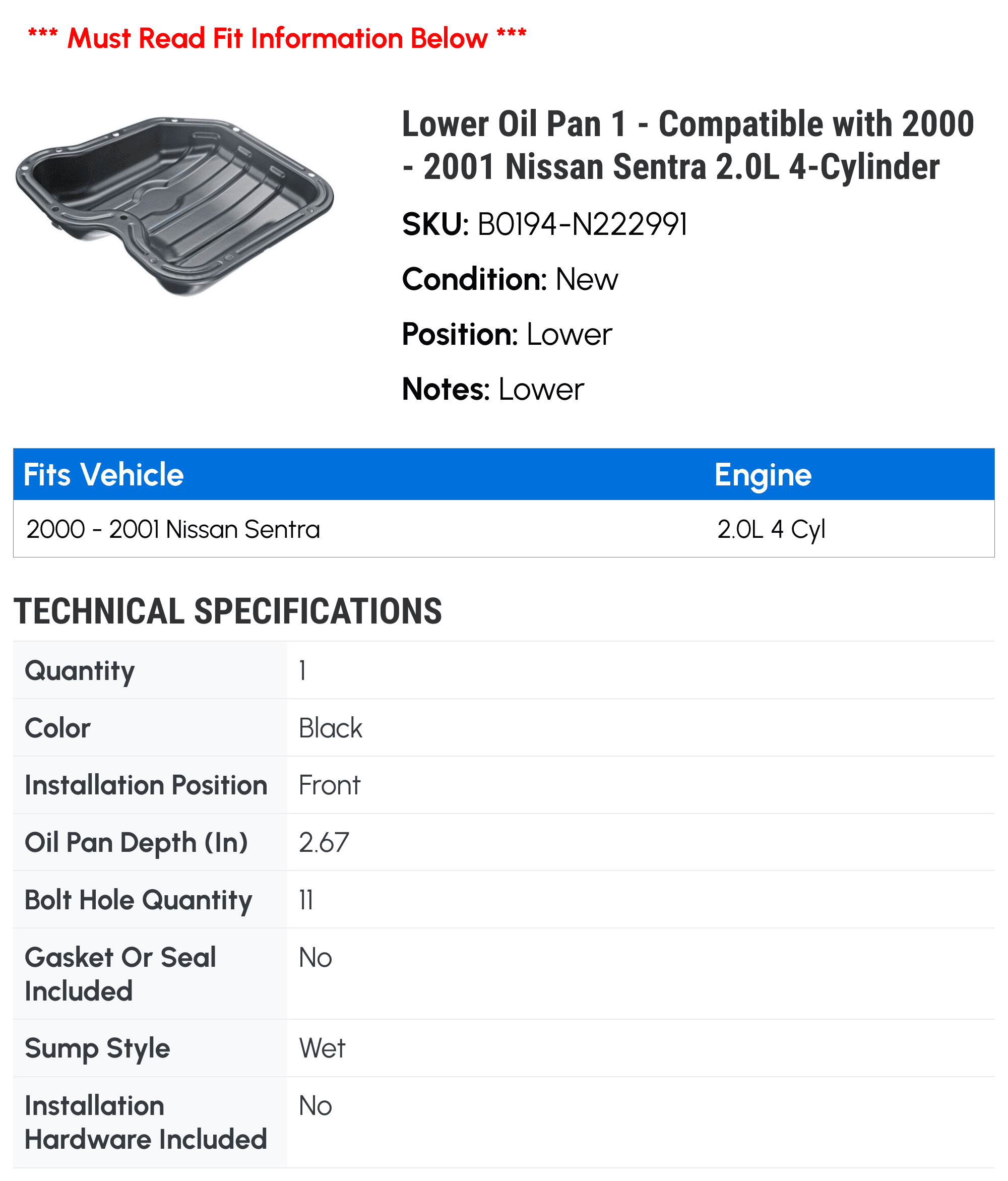 Lower Oil Pan 1 - Compatible with 2000 - 2001 Nissan Sentra 2.0L 4-Cylinder - Autopart Premium