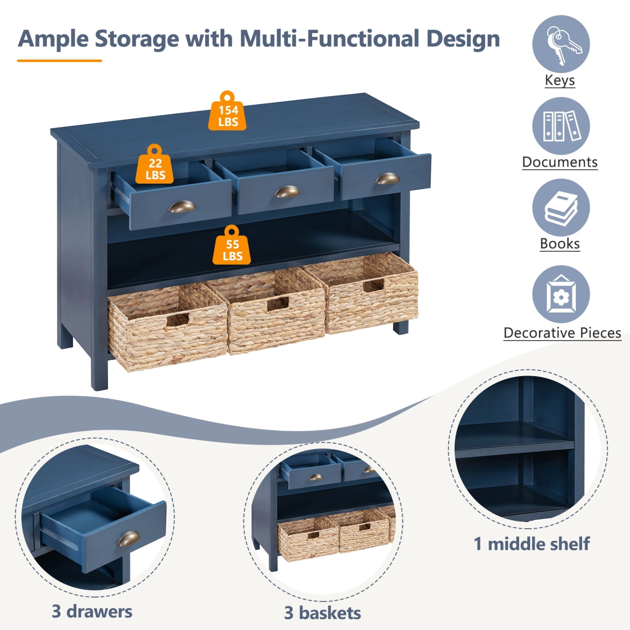 47" Retro Console Table with 3 Storage Drawers, Entryway Table with 3 Water Hyacinth Woven Baskets and Shelf, Wooden Buffet Cabinet for Entryway Hallway Living Room, Navy