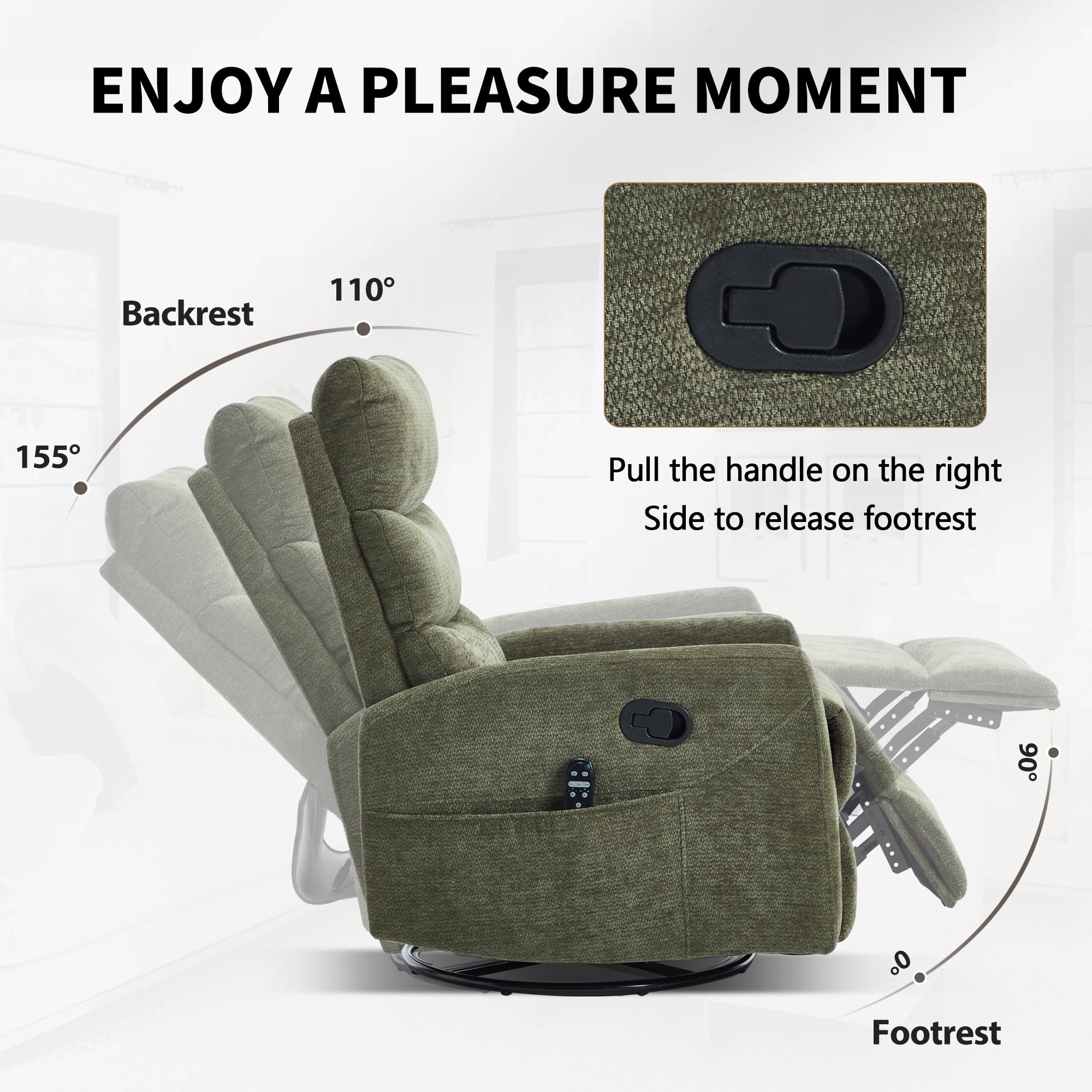 Leumius Swivel Recliner Chair,360° Glider Rocking Chair with Massage and Heating,Soft Chenille Small Manual Recliner for Nursery Home Theater,Green(Chenille)