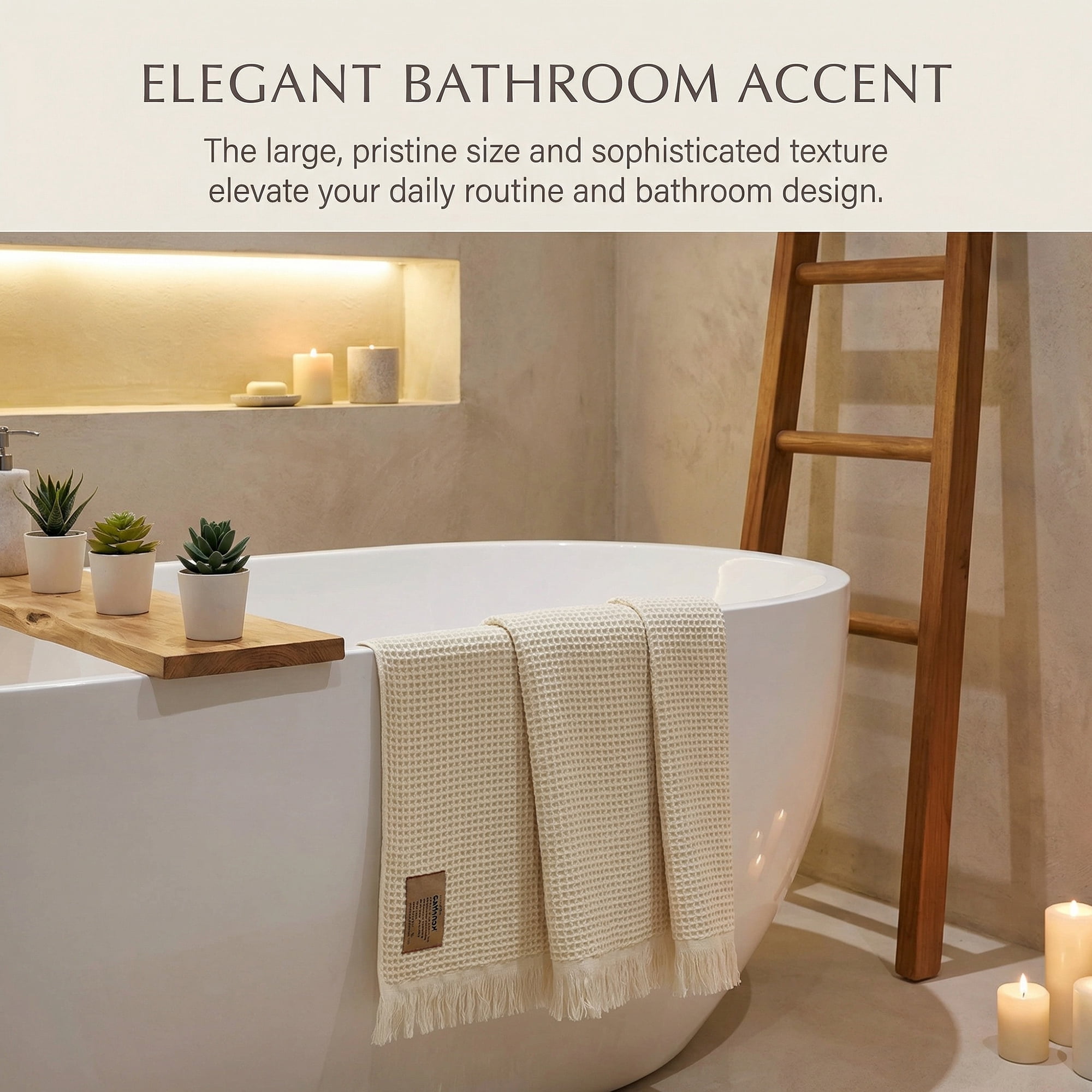 Unique Bargains Highly Absorbent Cotton Waffle Bath Towel with Tassel Beige 71" x 35"