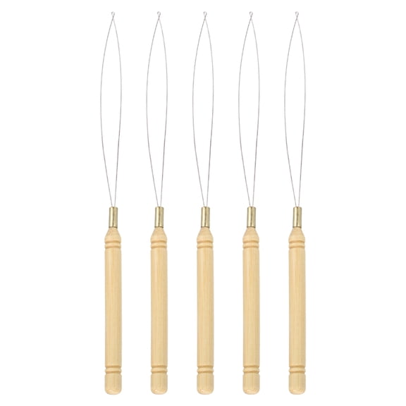 Uxcell 5 Pcs Hair Extension Loop Needle Threader, Pulling Hook Tool for Micro Nano Beads Bohemian Dreadlocks Hair Feather Extensions Crochet Braiding - Wooden Handle